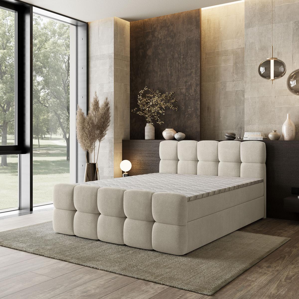 BOXBETT BRUME 200x200 cm mit Matratze und Topper, H2+H3 - Creme - Creme, Holz (200/200cm) - MASSENO