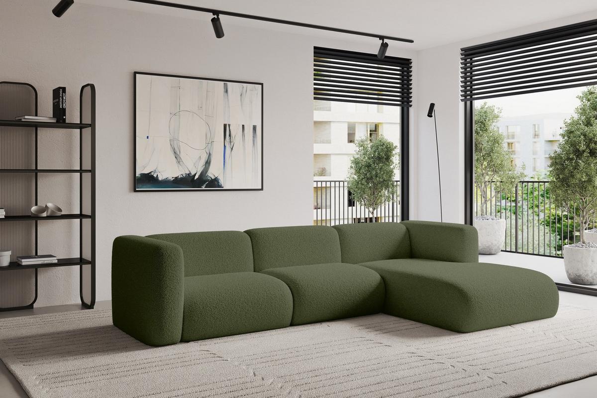 ECKSOFA Ottomane Rechts MIRA-L1 227x179x89 Grün Bouclé - Schwarz/Olivgrün, Holzwerkstoff/Kunststoff (227/179cm) - ALTDECOR