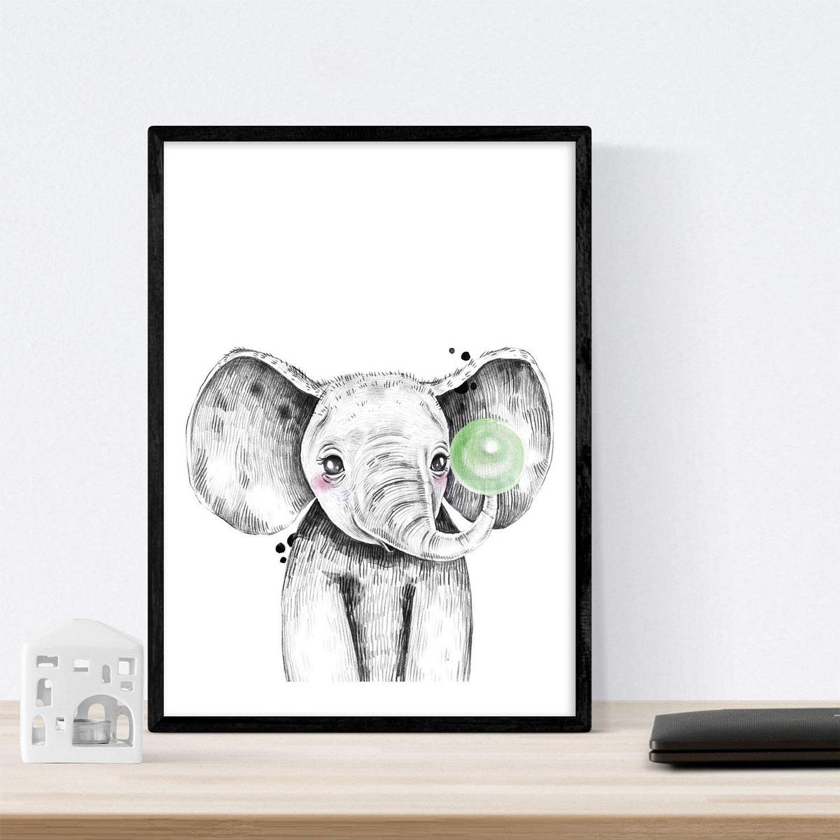 POSTER Set Mit 6 Tiere Babys Mit Kaugummi Elefant Schweinefleischkaninchen Kuh Fuchshund A4 Schwarzer Rahmen - Schwarz, Papier (29/3cm) - Nacnic
