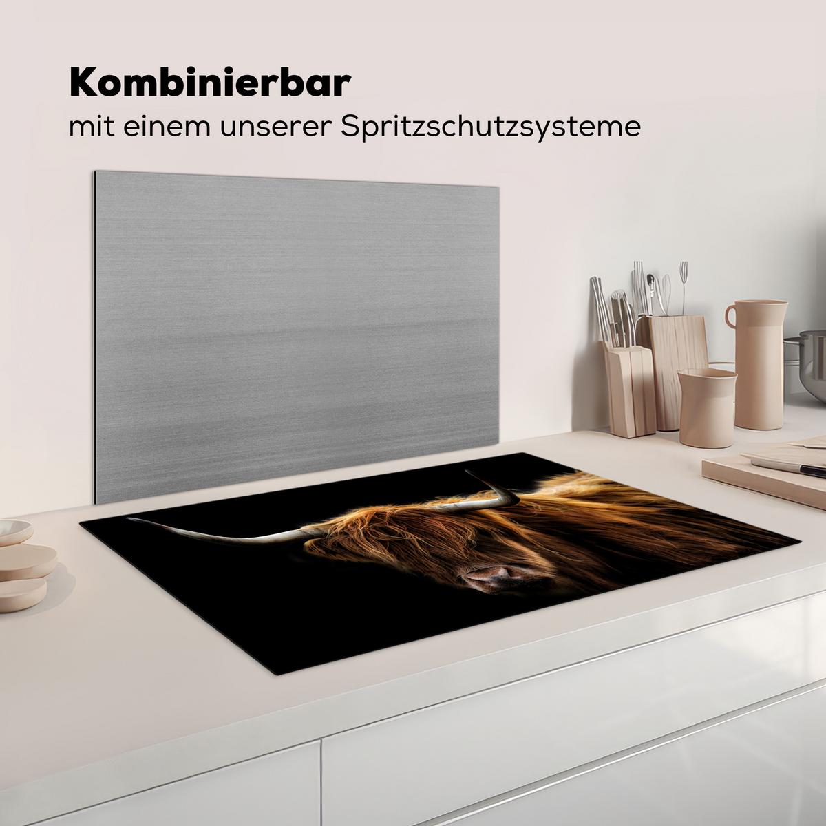HERDABDECKPLATTE Schottischer Highlander - Hörner - Schwarz - Tiere - Natur - Wild - Kuh Ceranfeldabdeckung 85x52 cm - Cognac, Kunststoff (85/52/0.2cm) - MuchoWow