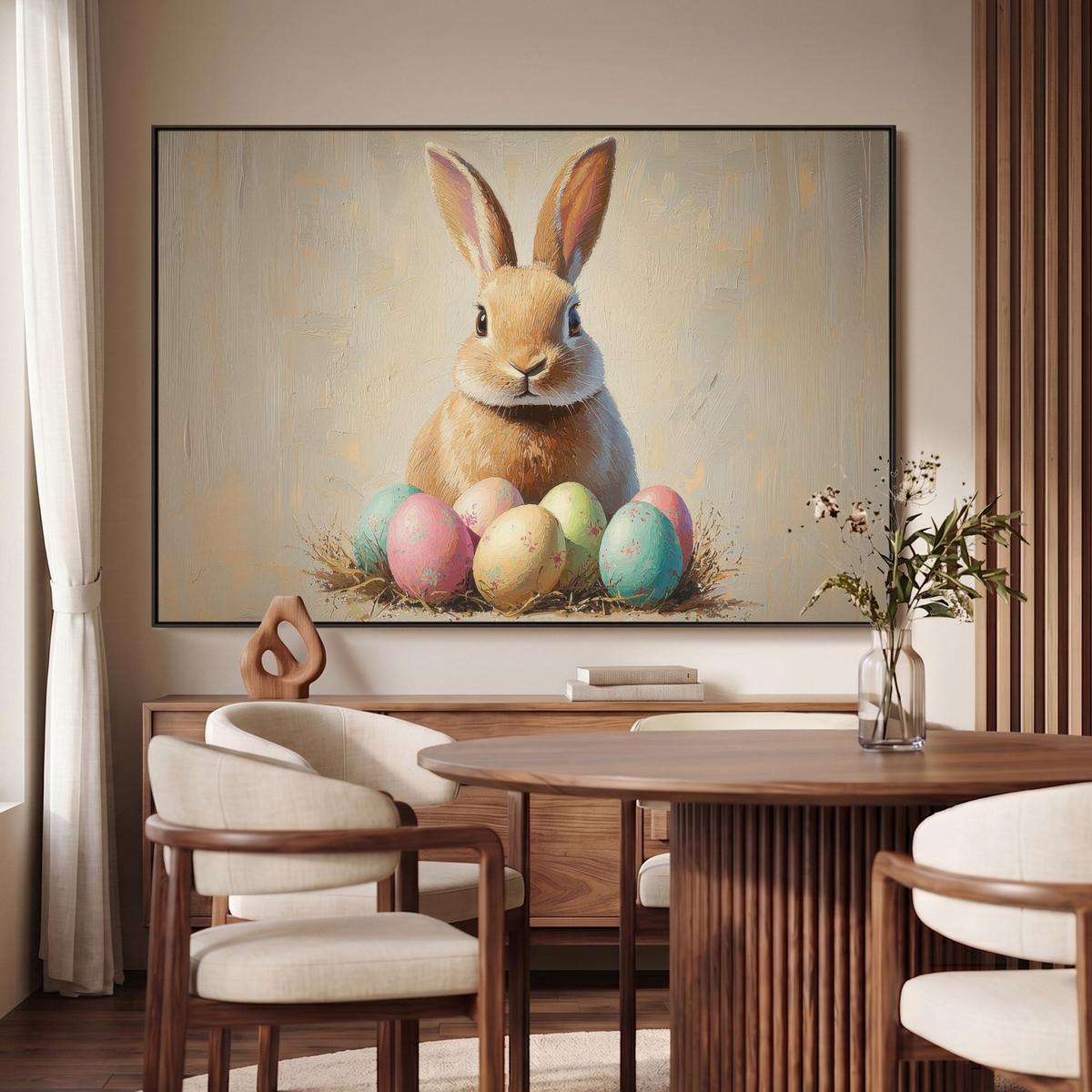 LEINWAND Bilder mit Rahmen - Osterhase - Pastell - Eier - 150x100 - Beige, Textil (150/100cm) - MuchoWow