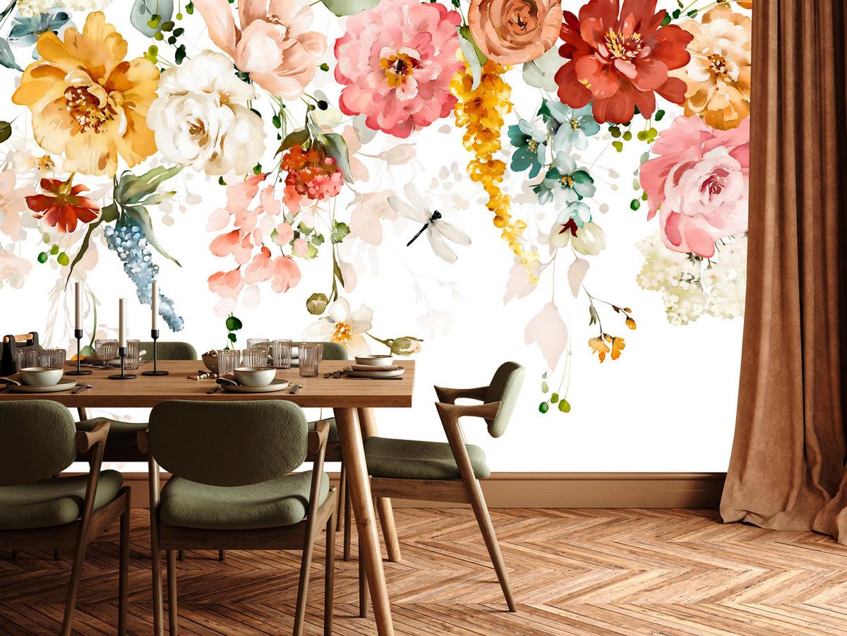 FOTOTAPETE für Schlafzimmer Aquarell Bunte Blumen Ranken Blätter 250x175 - Gelb/Rot, Papier (250/175cm) - Muralo