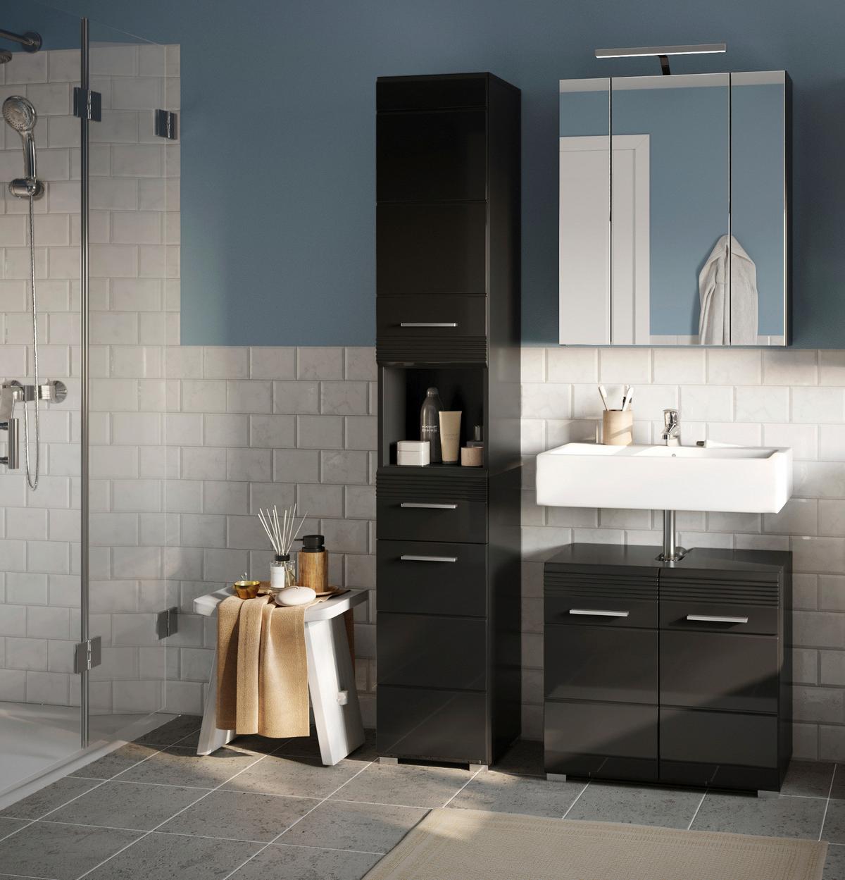 HOCHSCHRANK in schwarz Hochglanz, Badschrank 182 cm - Schwarz Hochglanz/Silberfarben, Holzwerkstoff/Kunststoff (30/182/31cm) - Inn.Furn