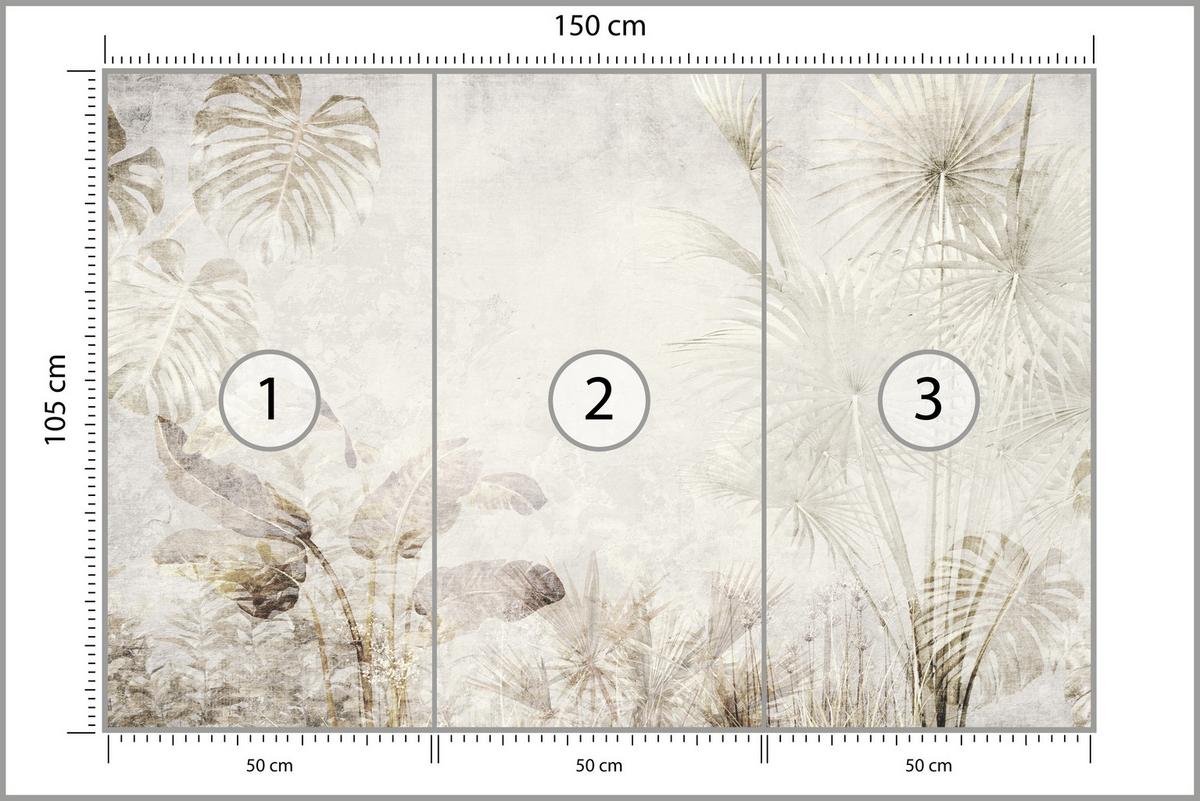 FOTOTAPETE für Wohnzimmer Tropisch Vintage Palmenblätter Beton 150x105 - Beige/Creme, Papier (150/105cm) - Muralo