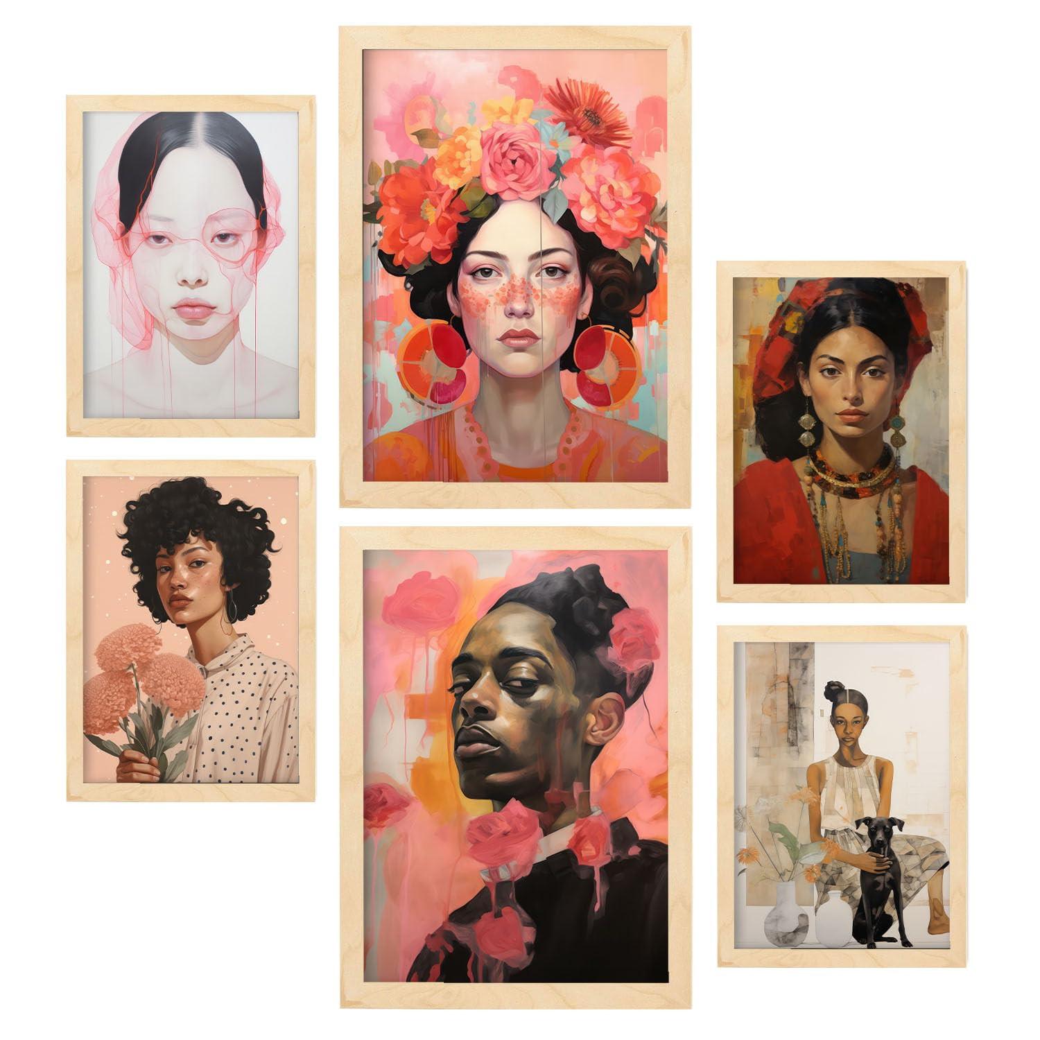 POSTER Set Mit 6 Porträtmodelle In Vielseitiger A3 & A4 Rahmen Aus Hellem Holz - Beige, Papier (29/3cm) - Nacnic