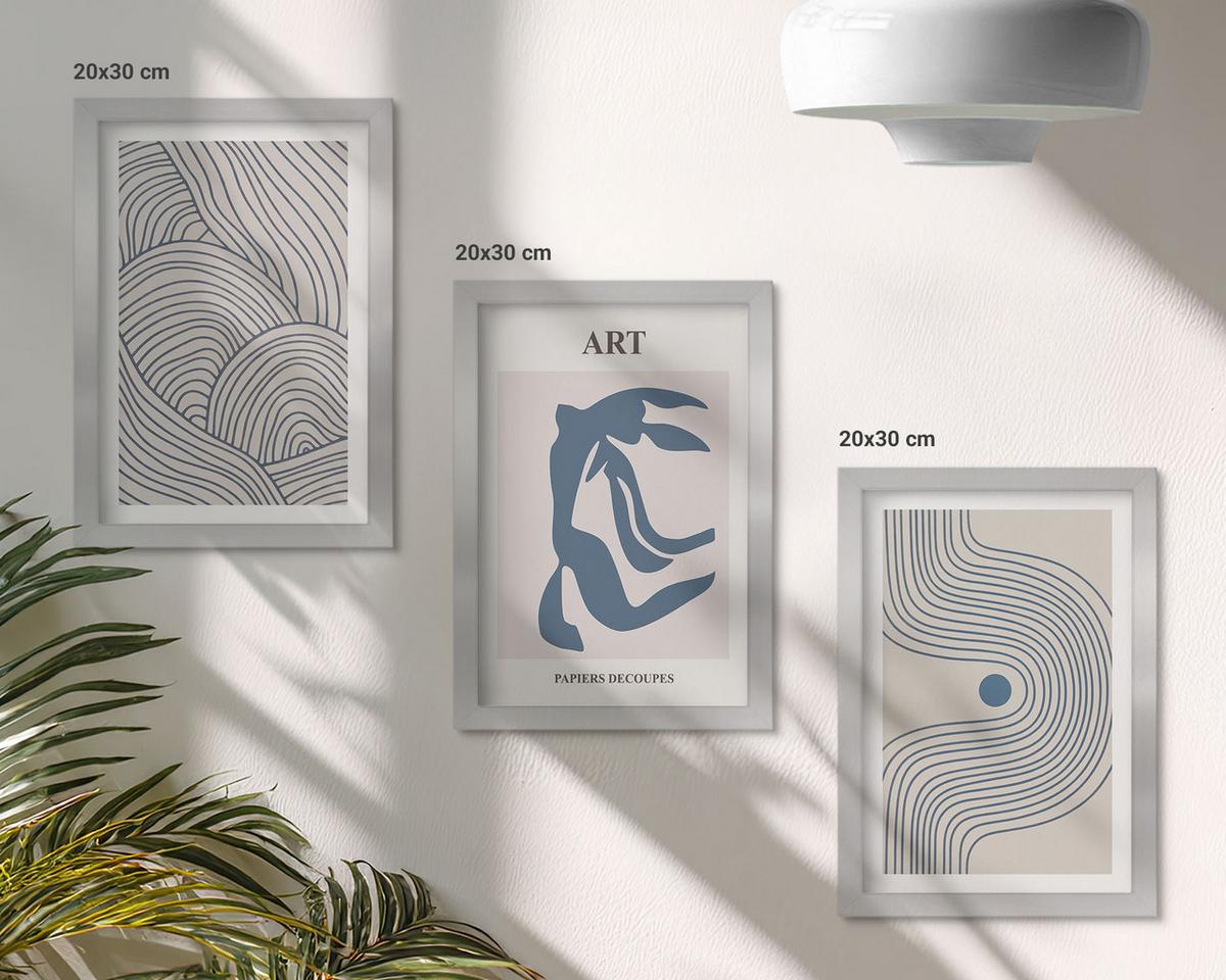 BILDER SET 3er Set - 20x30 cm Silberner Rahmen - Abstrakte blaue Linien - Silberfarben, Kunststoff (20/30cm) - TULUP