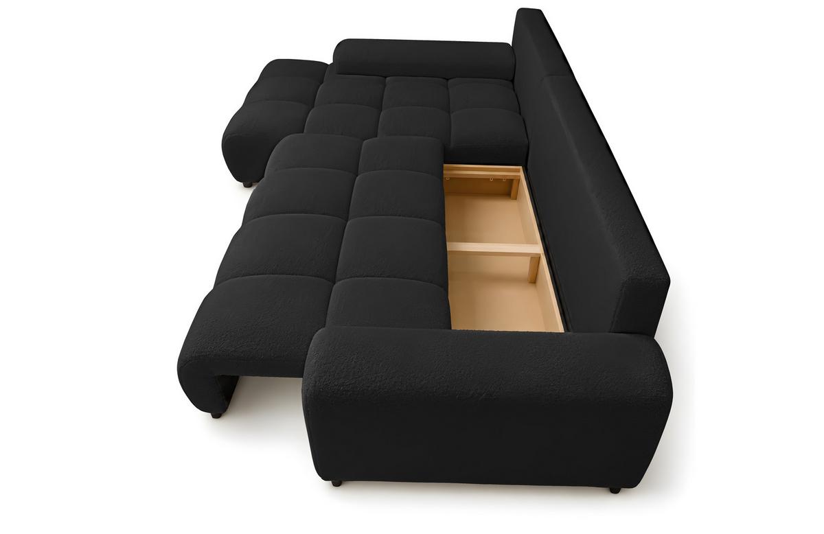 ECKSOFA Ovia mit Bettkasten und Schlaffunktion, Bouclé-Stoff in L-Form - Schwarz, Textil (270/185cm)