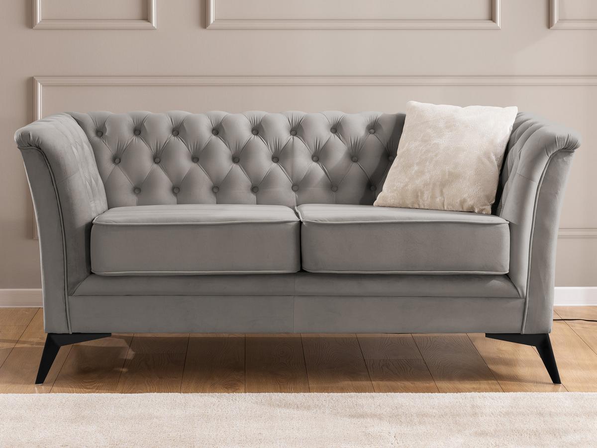 CHESTERFIELD-SOFA 2-sitzer Whitby Grau Samt mit schwarzen Füßen - Schwarz/Grau, Holz/Textil (175/78/82cm) - S-Style Möbel