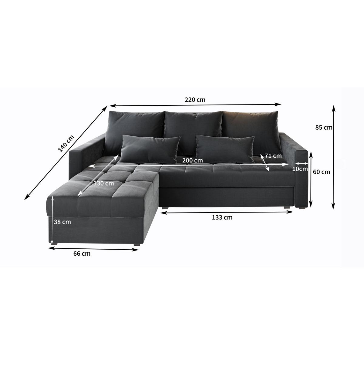 ECKSOFA KOS PIK Grau Dünner Stoff mit Schlaffunktion - Dunkelgrau/Grau, Holz/Kunststoff (220/140cm) - MASSENO