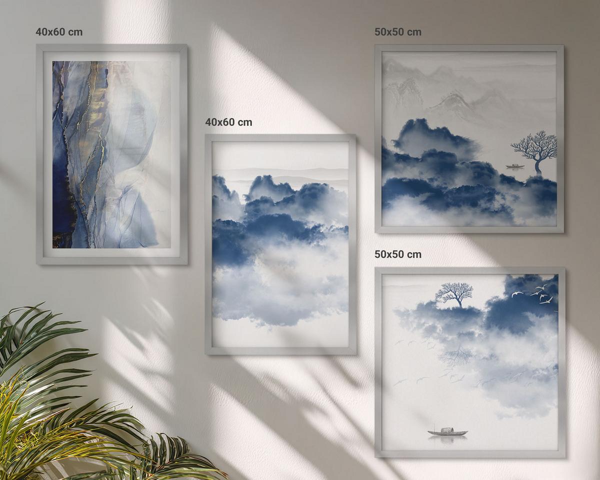 BILDER SET 4er Set - 50x50 cm & 40x60 cm Silberner Rahmen - Berge, Wolken, Bäume, Vögel im Hintergrund - Silberfarben, Kunststoff (50/50cm) - TULUP