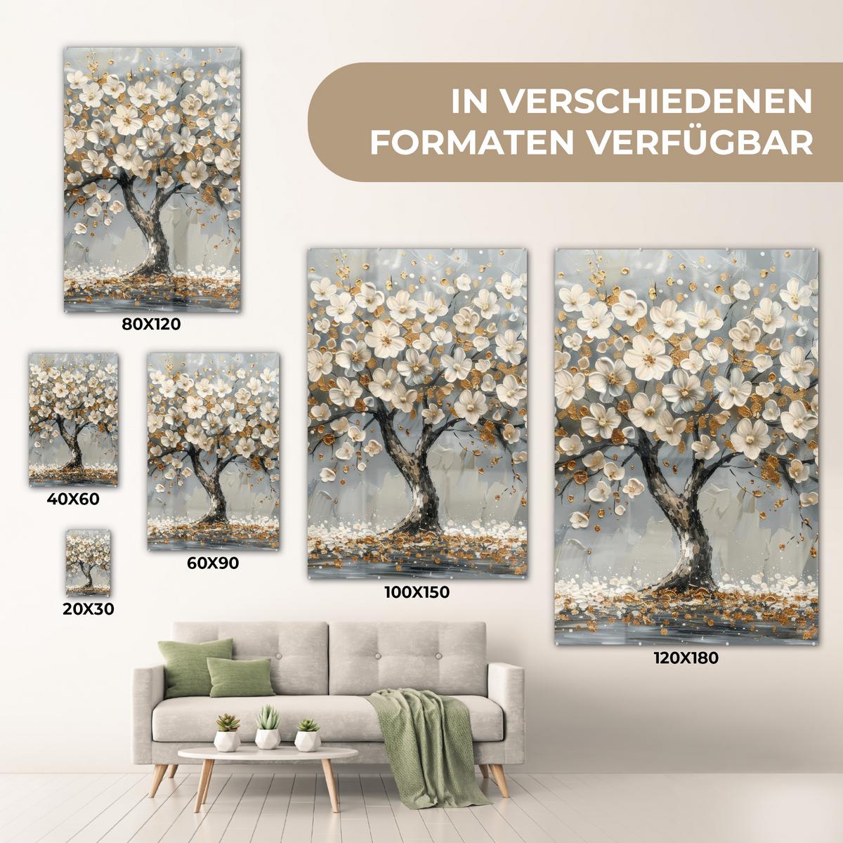 ACRYLGLASBILD Baum - Blumen - Weiß - Natur - Kunst 80x120 cm - Weiß, Glas (80/120cm) - MuchoWow
