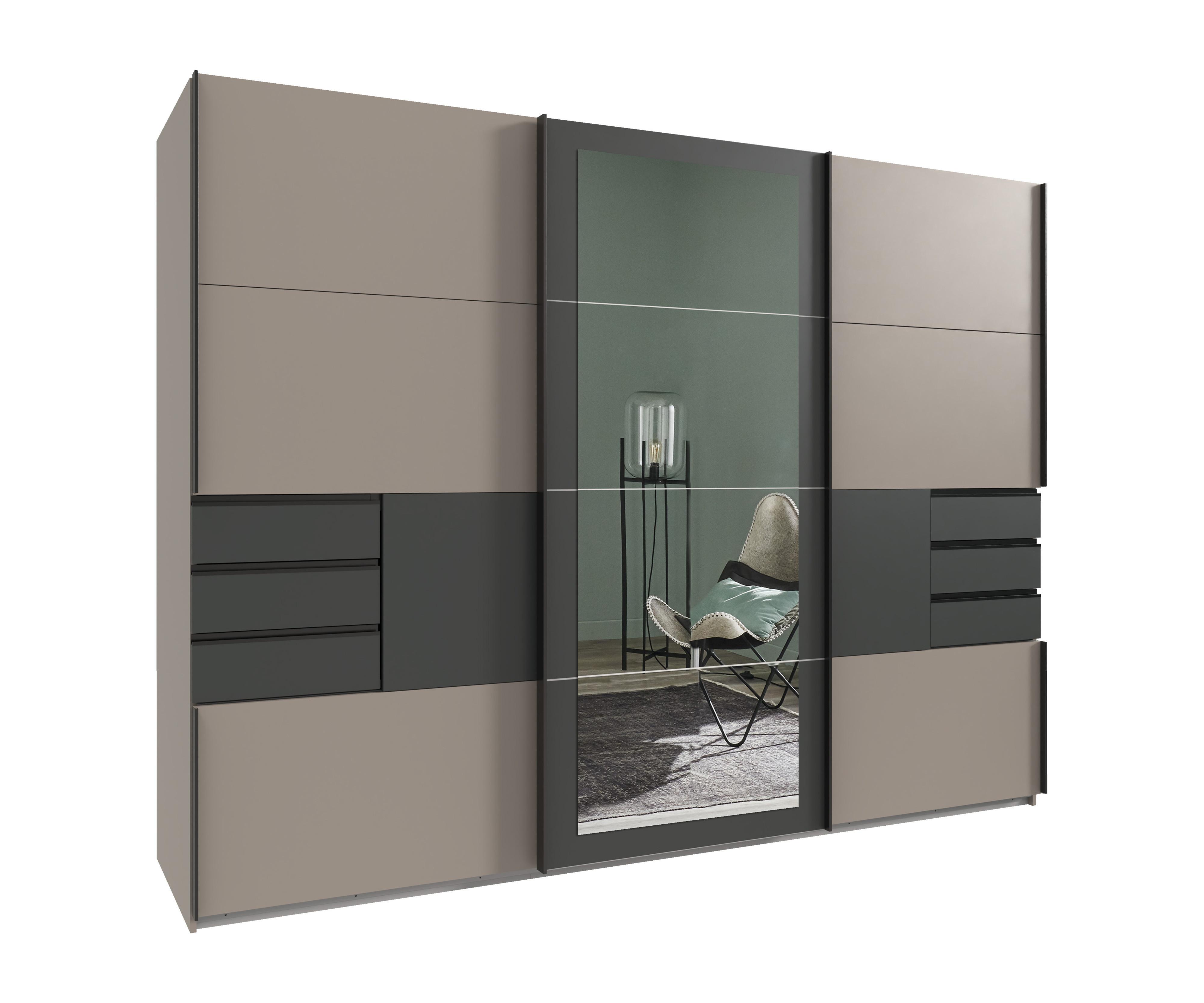 SCHWEBETÜRENSCHRANK 3-türig B270/H208/64 cm in Sandgrau mit Absetzungen in Grafit, Spiegel & Schubladen, Kleiderschrank inkl. Vollausstattung / 22507 - Sandfarben/Blau, Holzwerkstoff/Metall (270/208/64cm) - luma-home