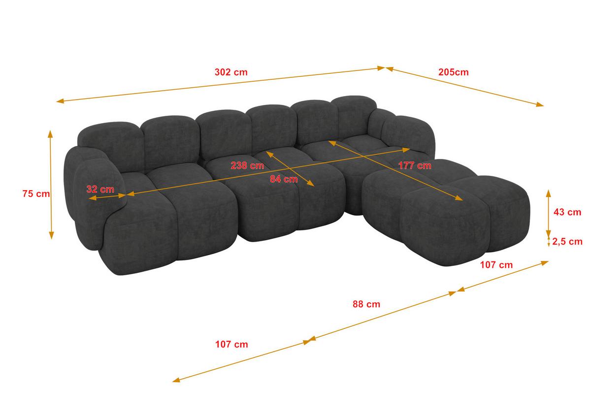 ECKSOFA modulares Sofa Rechts Miko-L2 302x205x75 Dunkelgrau Velours - Dunkelgrau/Schwarz, Holzwerkstoff/Kunststoff (302/205cm) - ALTDECOR