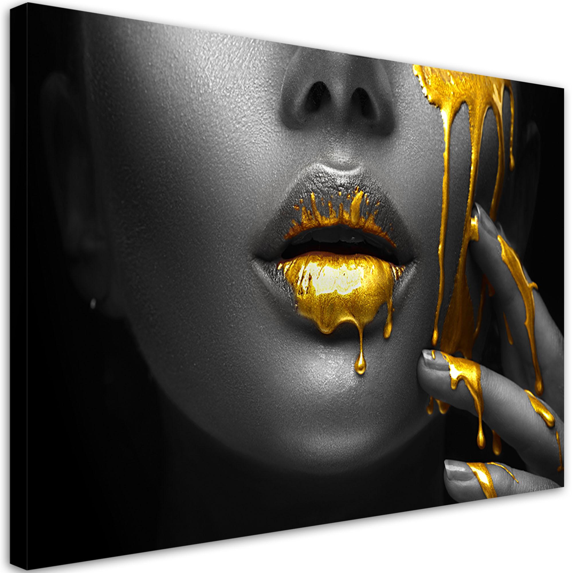 LEINWANDBILD Goldene Lippen, Frau, Abstraktion 90x60cm - Schwarz, Textil (90/60cm) - Feeby