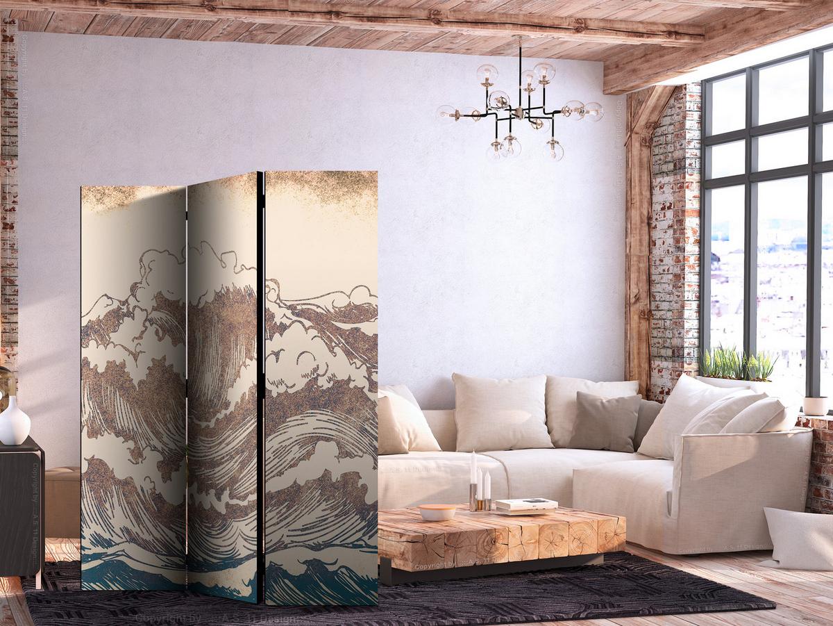 PARAVENT Einseitig Bedruckter 3-tlg 135x172 cm Ozeanwellen Retro - Beige, Holz/Textil (135/172/3cm) - Muralo