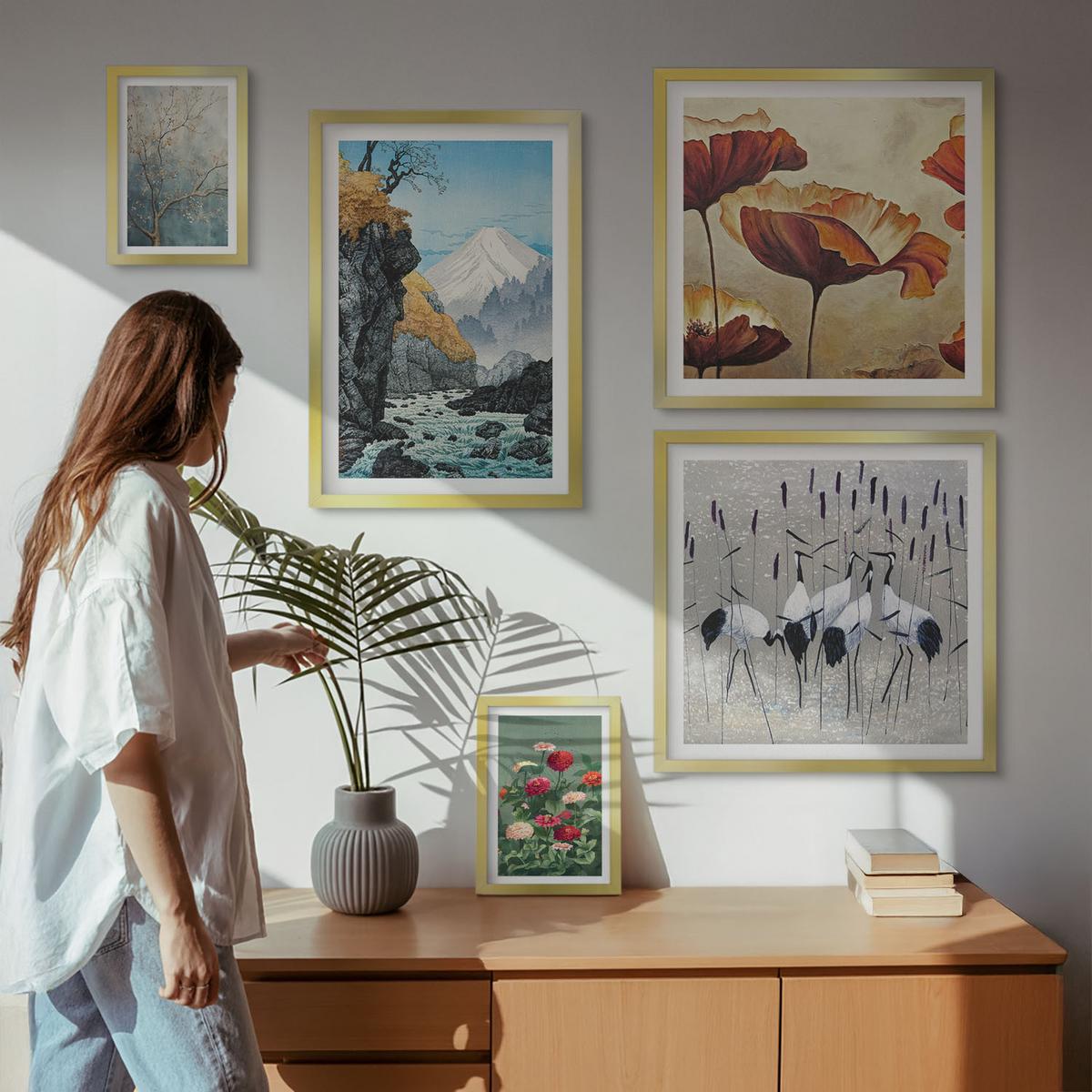 BILDER SET 5er Set - 50x50 cm & 20x30 cm & 40x60 cm Goldrahmen - Tropische Pflanzen, Pflanzenliebhaberin - Goldfarben, Kunststoff (40/60cm) - TULUP
