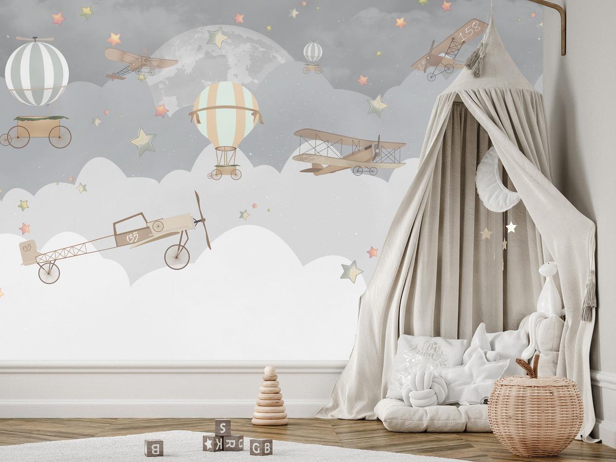 FOTOTAPETE für Kinderzimmer Ballons Wolken Flugzeug Himmel Sterne 500x350 - Multicolor, Papier (500/350cm) - Muralo