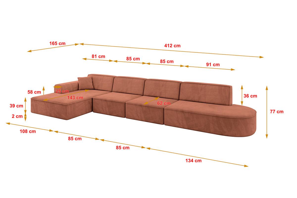 ECKSOFA Ottomane Links IREA-L3-v3 - 412x165x77 cm Apricot - Koralle, Holzwerkstoff/Textil (412/165cm) - ALTDECOR
