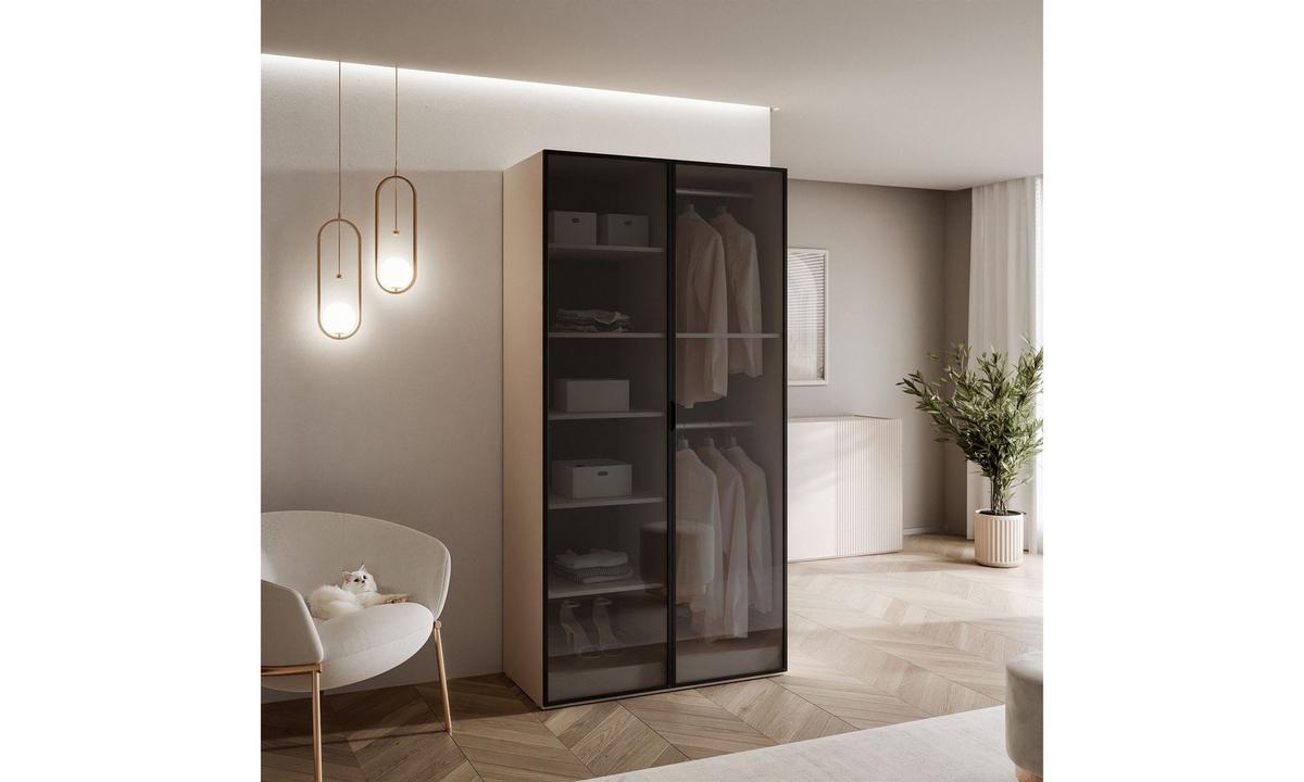 KLEIDERSCHRANK SANDBOX 100 101/49/200 cm Beige Sand / schwarzes Glas ohne LED ohne Zusatzböden - Sandfarben/Schwarz, Holzwerkstoff/Kunststoff (101/200/49cm) - Lookway