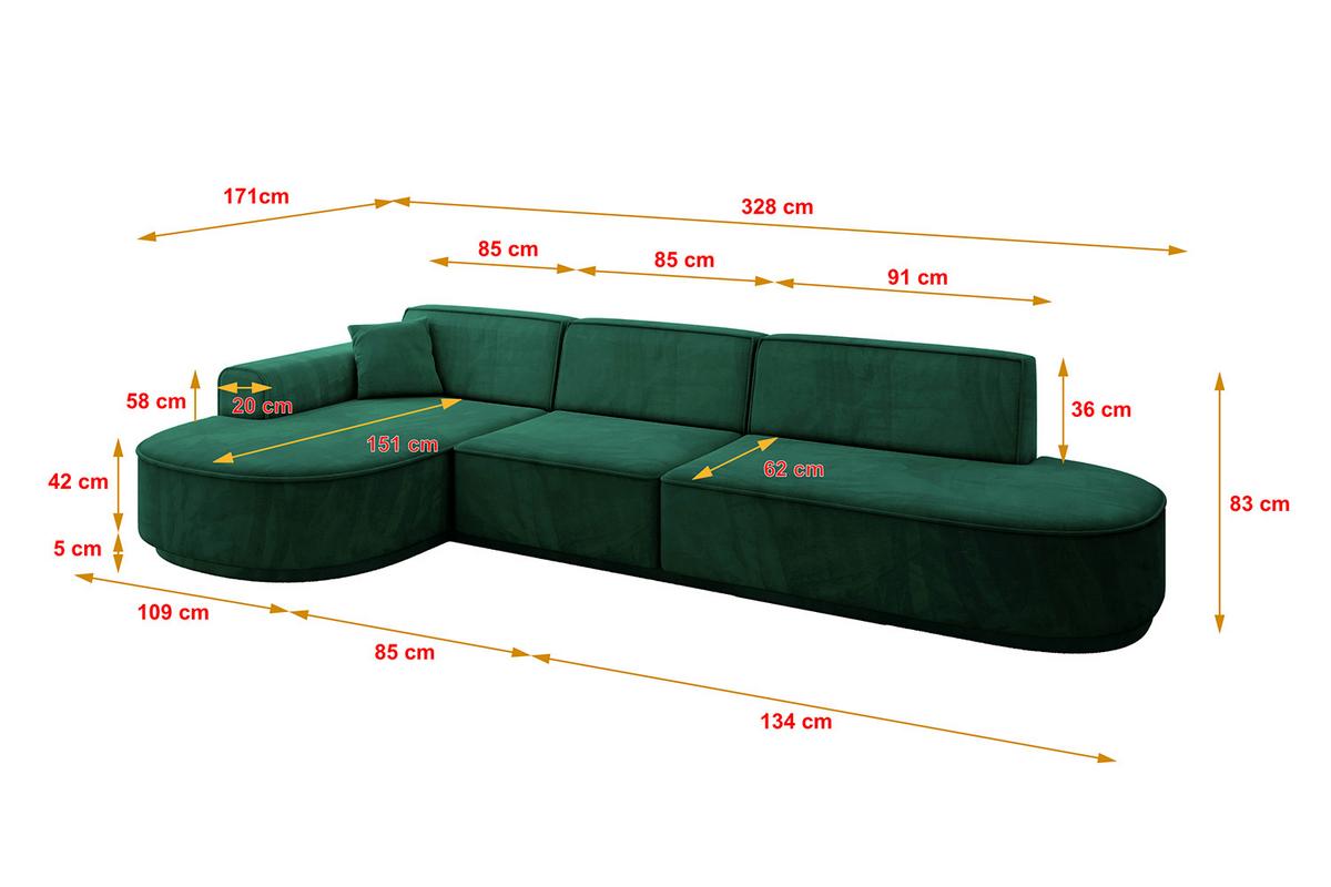 ECKSOFA Ottomane Links MARI-L2-v3 - 328x171x83 cm Grün Velours - Schwarz/Grün, Holzwerkstoff/Kunststoff (328/171cm) - ALTDECOR