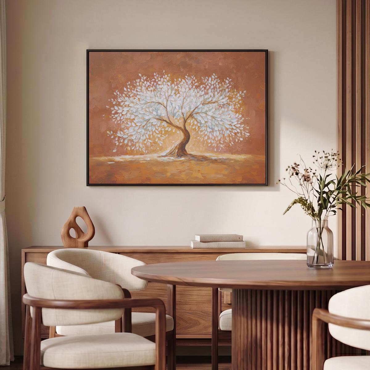 LEINWAND Bilder mit Rahmen - Abstrakt - Baum - Weiß - Blätter - 100x70 - Braun, Textil (100/70cm) - MuchoWow