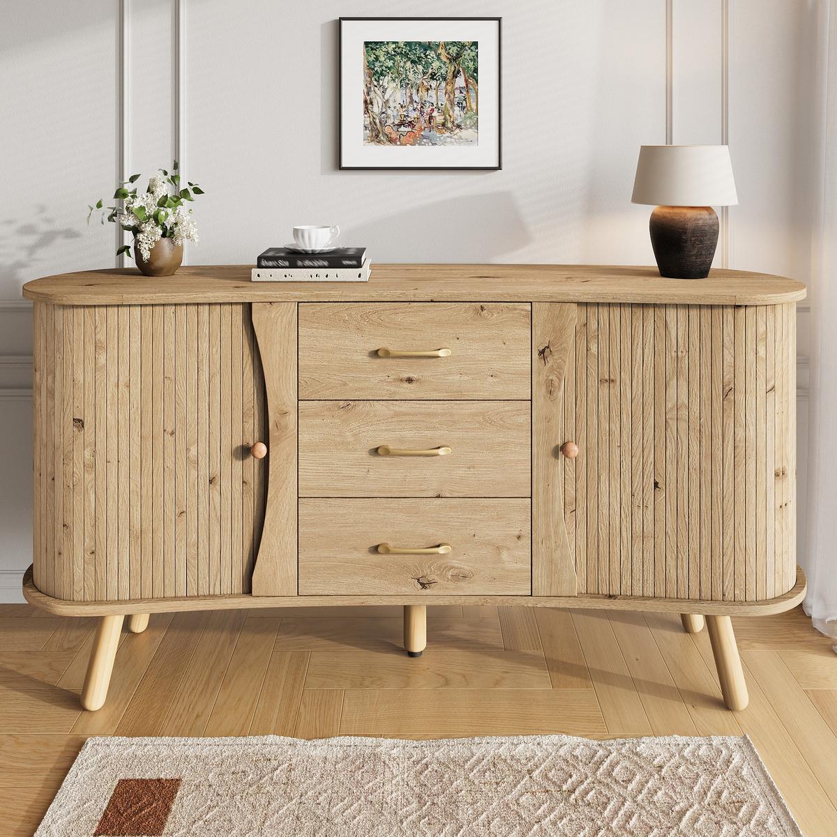SIDEBOARD holzoptik & erbsenform 2 schiebetüren & 3 schubladen - Naturfarben, Holzwerkstoff (150/75/36.5cm) - Urban Meuble