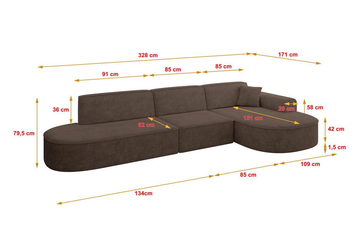 ECKSOFA Ottomane Rechts MARI-L2 - 328x171x79 cm Braun Velours - Schwarz/Braun, Holzwerkstoff/Kunststoff (171/328cm) - ALTDECOR