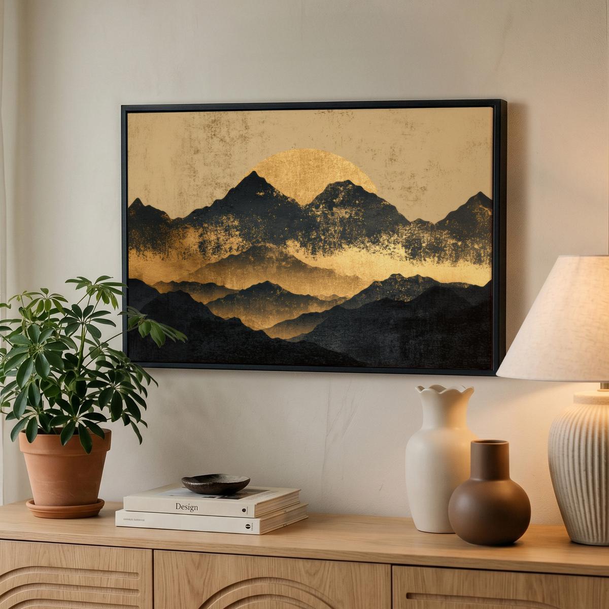 LEINWAND Bilder mit Rahmen - Goldene Berge bei Mondschein - 60x40 - Goldfarben, Textil (60/40cm) - MuchoWow
