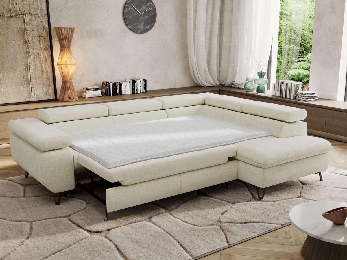 ECKSOFA PABLO L Creme Schenille glatt - Rechts Seite - Creme/Schwarz, Textil/Metall (273/208cm) - MKS