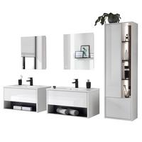 BADMÖBEL-SET weiß Hochglanz, grau 7-teilig, Komplettset mit Waschbecken und LED Beleuchtung - Weiß Hochglanz/Grau, Glas/Holzwerkstoff (225/190/47cm) - Furn.Design