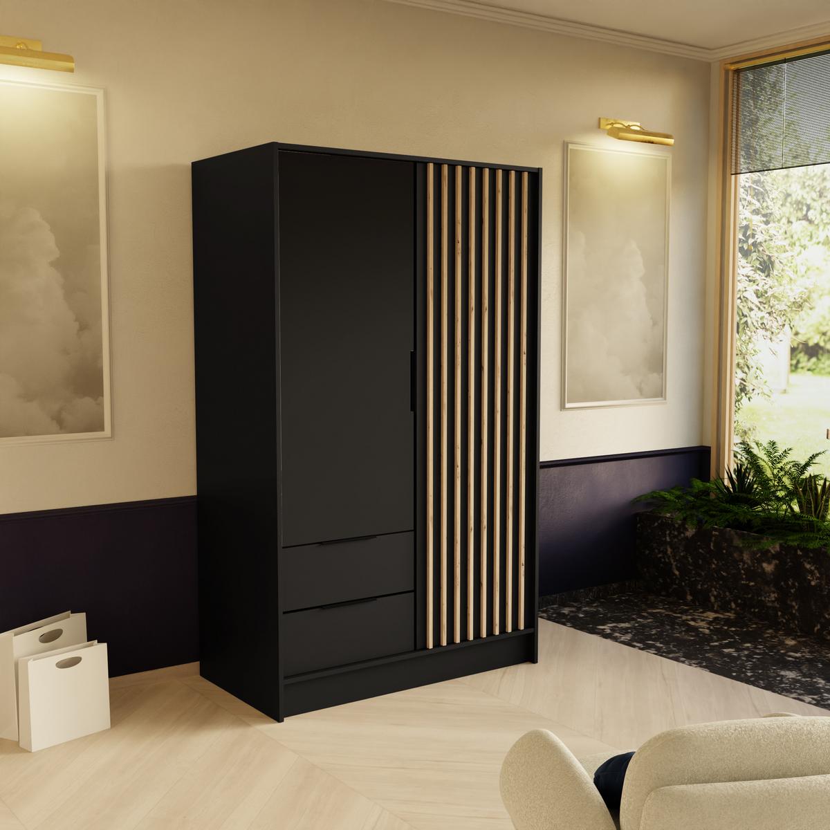 DREHTÜRENSCHRANK PELOR 102/200/51 cm Modern Kleiderschrank 2-türig Schwarz - Schwarz, Holzwerkstoff (102/200/51cm) - MASSENO