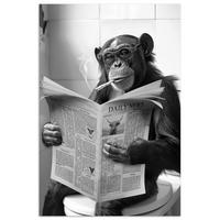 POSTER Affe - WC - Zeitung - Schwarz-Weiß - Humor Room Decor 20x30 cm - Hellgrau, Papier (20/30/0.1cm) - MuchoWow