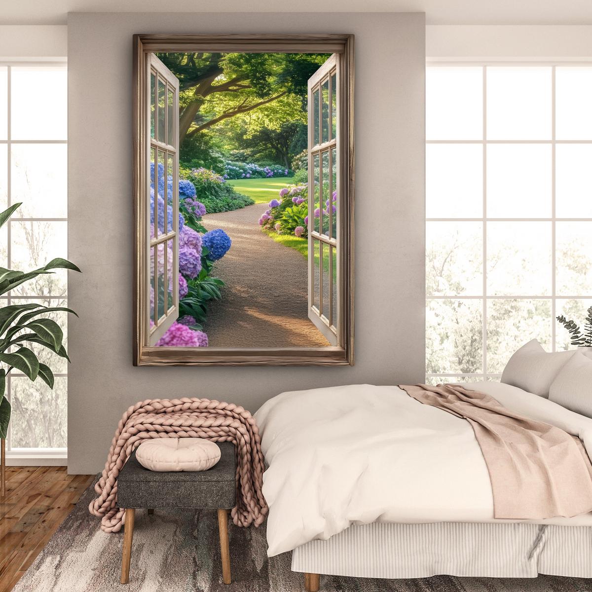 LEINWANDBILD Aussicht - Garten - Fenster - Hortensie - Blumen Deko Groß 90x140 cm - Pastellblau, Textil (90/140cm) - MuchoWow