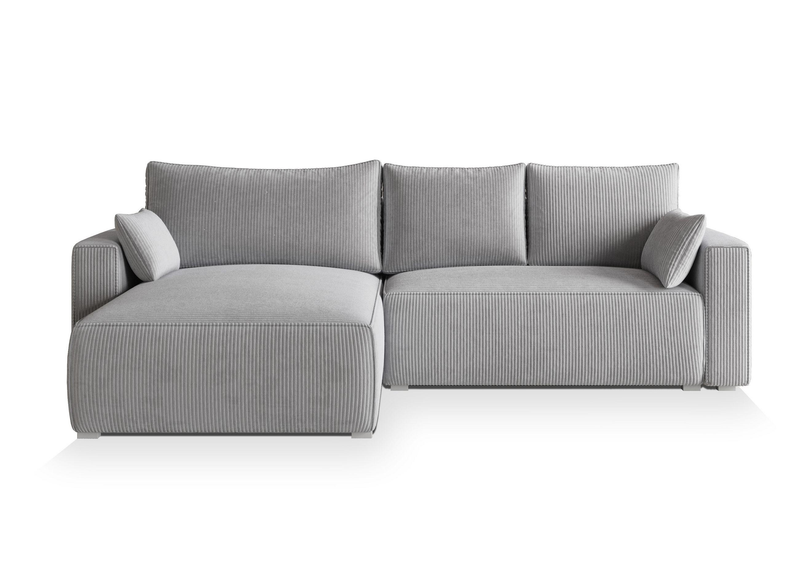 ECKSOFA FORIL P Hellgrau Kordstoff mit Schlaffunktion - Hellgrau/Grau, Holz/Kunststoff (265/178cm) - MASSENO