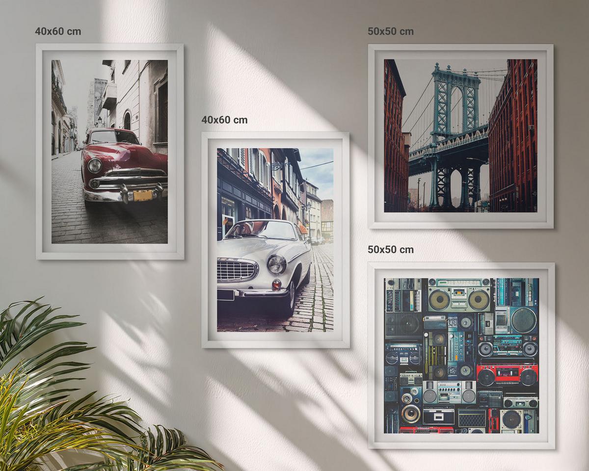 BILDER SET 4er Set - 50x50 cm & 40x60 cm Weißer Rahmen - Old Cars Brooklyn Retro-Audio - Weiß, Kunststoff (50/50cm) - TULUP