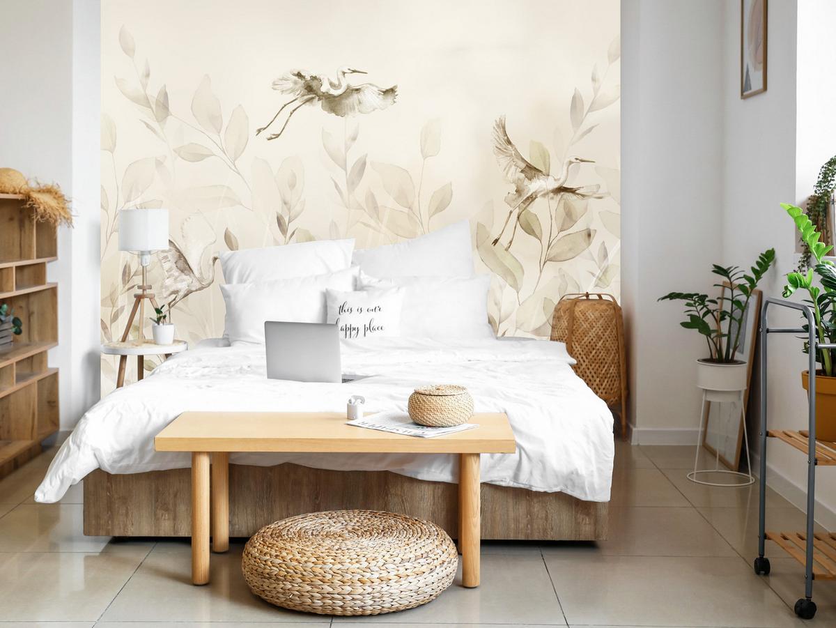 FOTOTAPETE Vögel Blätter Wiese Retro Stil 200x140 - Beige, Papier (200/140cm) - Muralo