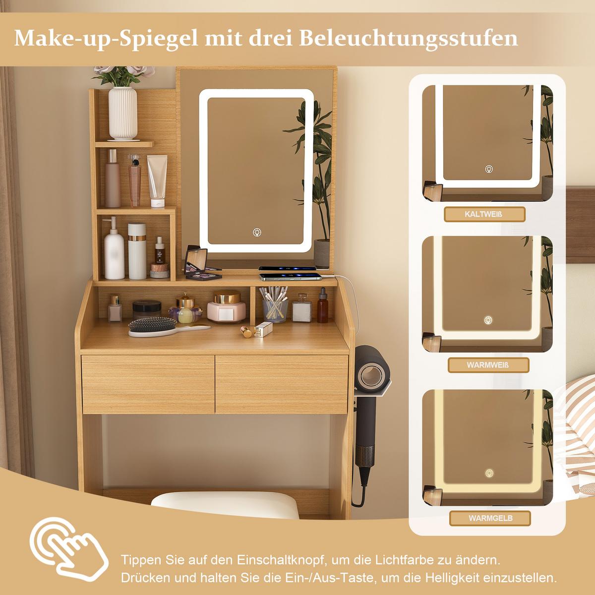 SCHMINKTISCH holzoptik 60 cm mit LED-Spiegel, Steckdose & Hocker - Naturfarben, Holzwerkstoff (60/130/36cm) - Urban Meuble