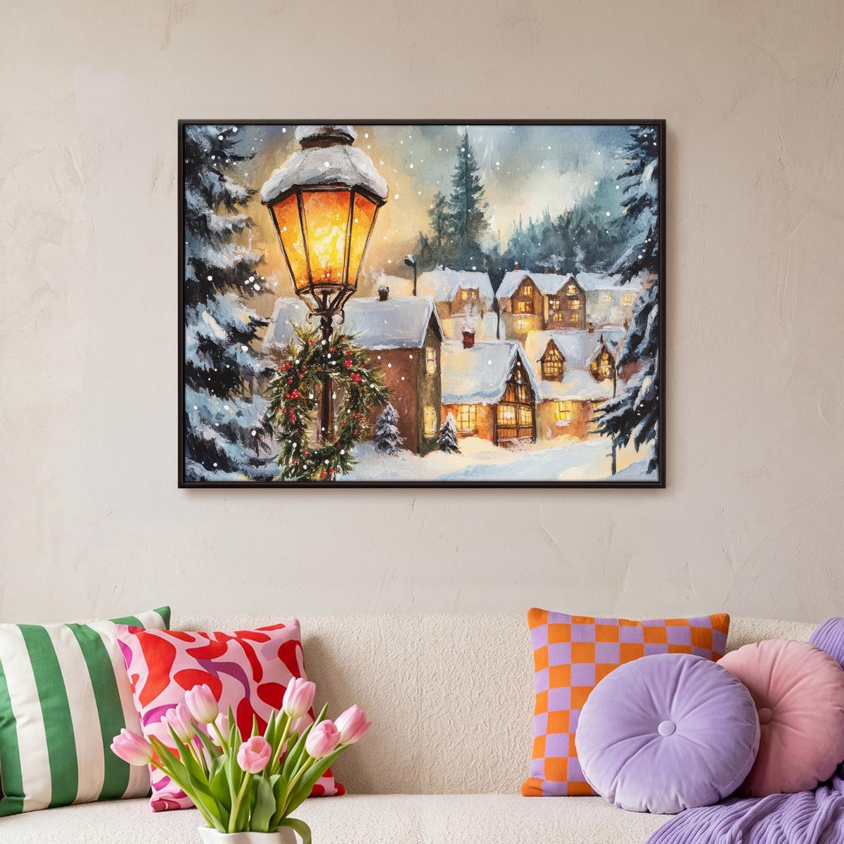 LEINWAND Bilder mit Rahmen - Weihnachtsdorf - Häuser - Schnee - Weihnachten - 70x50 - Sandfarben, Textil (70/50cm) - MuchoWow