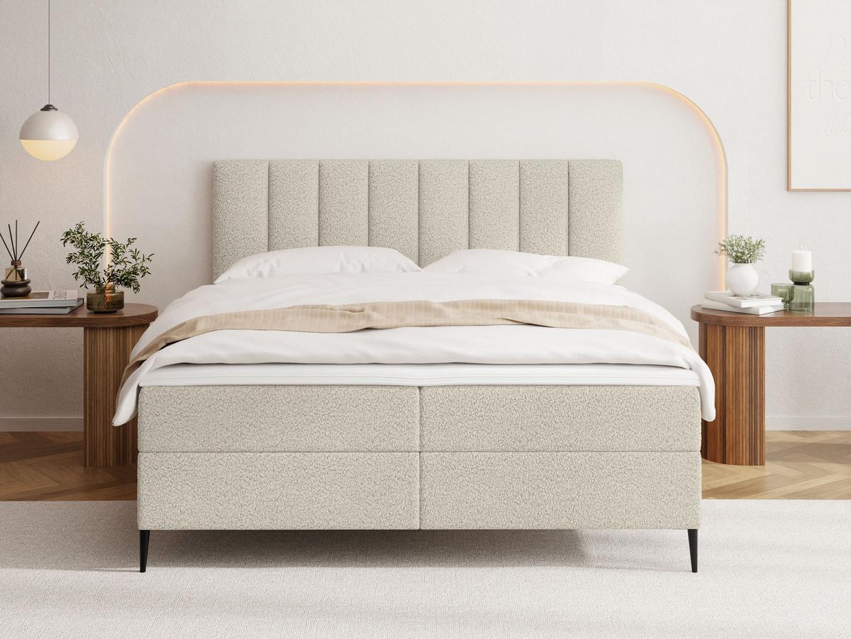 BOXBETT Allen mit Bettkasten, Boucle Creme 140x200 cm – inkl. H4 Taschenfederkern Matratze & Foam Topper - Creme/Schwarz, Textil/Metall (140/200cm) - WFL GROUP