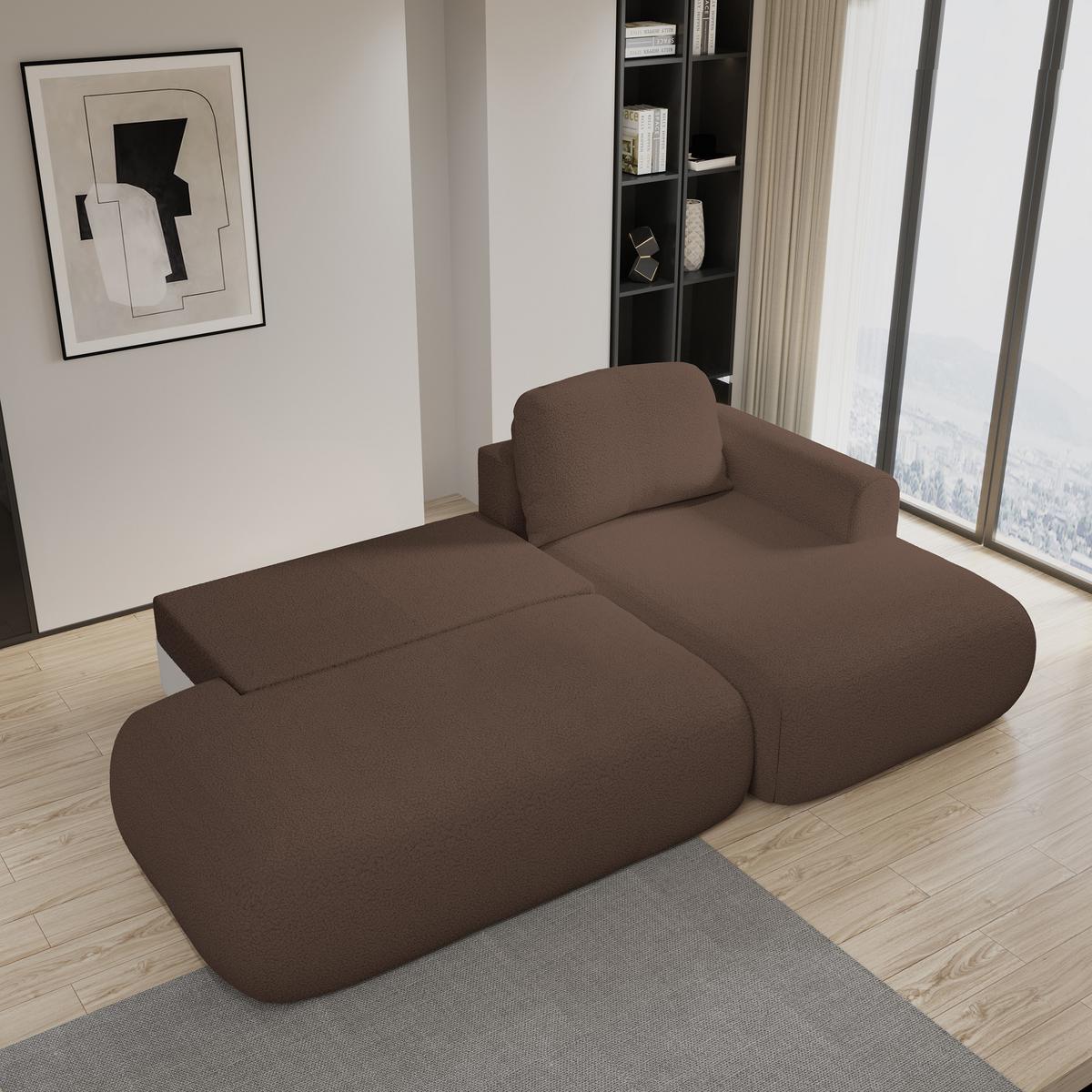 ECKSOFA NUVIRA R-S Braun Boucle-Stoff mit Schlaffunktion - Braun, Holz (279/158cm) - MASSENO