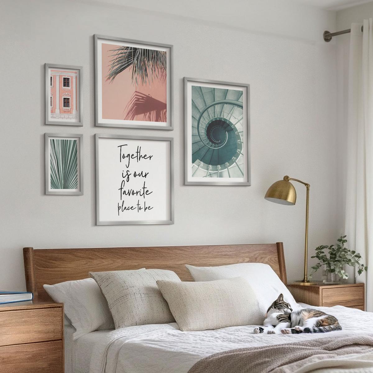 BILDER SET 5er Set - 50x50 cm & 20x30 cm & 40x60 cm Silberner Rahmen - Architektur-Pastellmuster - Silberfarben, Kunststoff (40/60cm) - TULUP