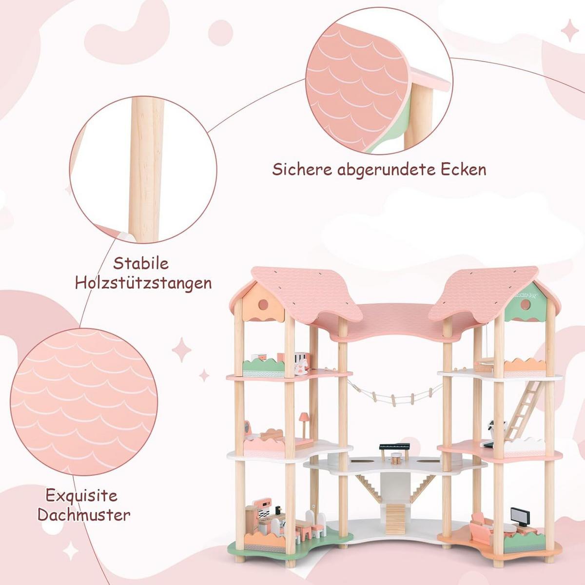 PUPPENHAUS 85cm Rosa - Pink, Holz (100/85/48cm) - COSTWAY