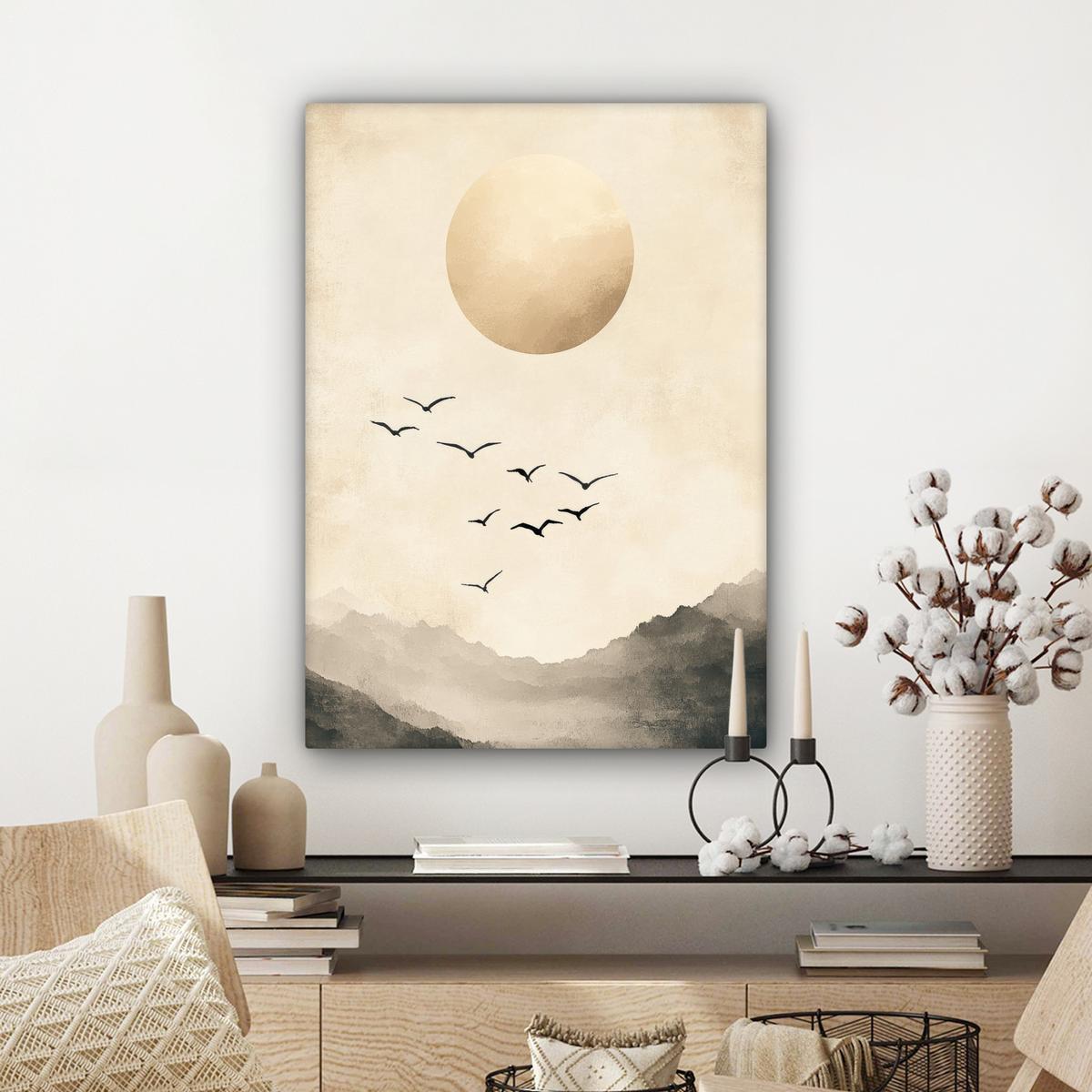 LEINWANDBILD Landschaft - Japandi - Vogel Wandbild Wohnzimmer 60x80 cm - Beige, Textil (60/80cm) - MuchoWow