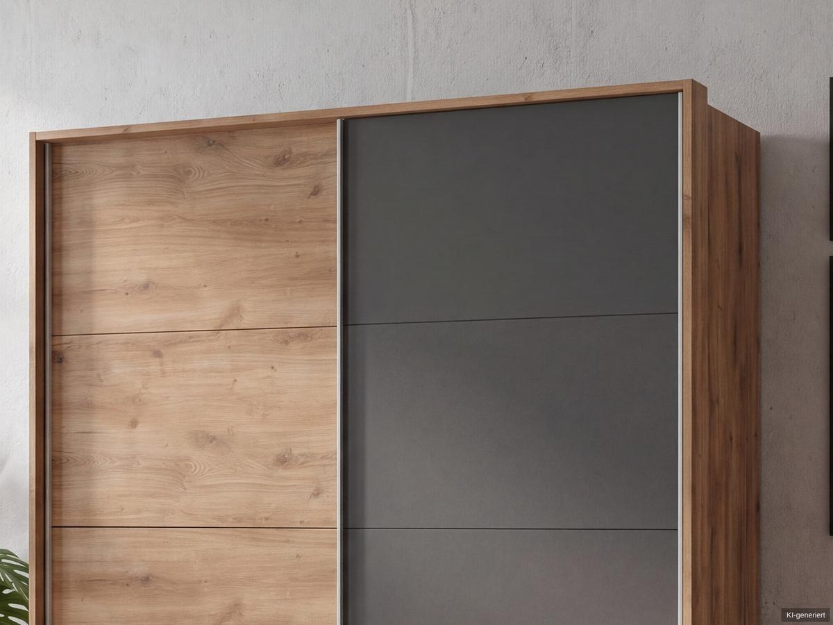 SCHWEBETÜRENSCHRANK 2-türig B183/H200/T65 cm, Passepartout-Kleiderschrank in Eiche Dekor, 1x Tür & sichtbare Schubkästen in Grafit / 22699 - Eichefarben/Graphitfarben, Holz/Holzwerkstoff (183/200/65cm) - luma-home