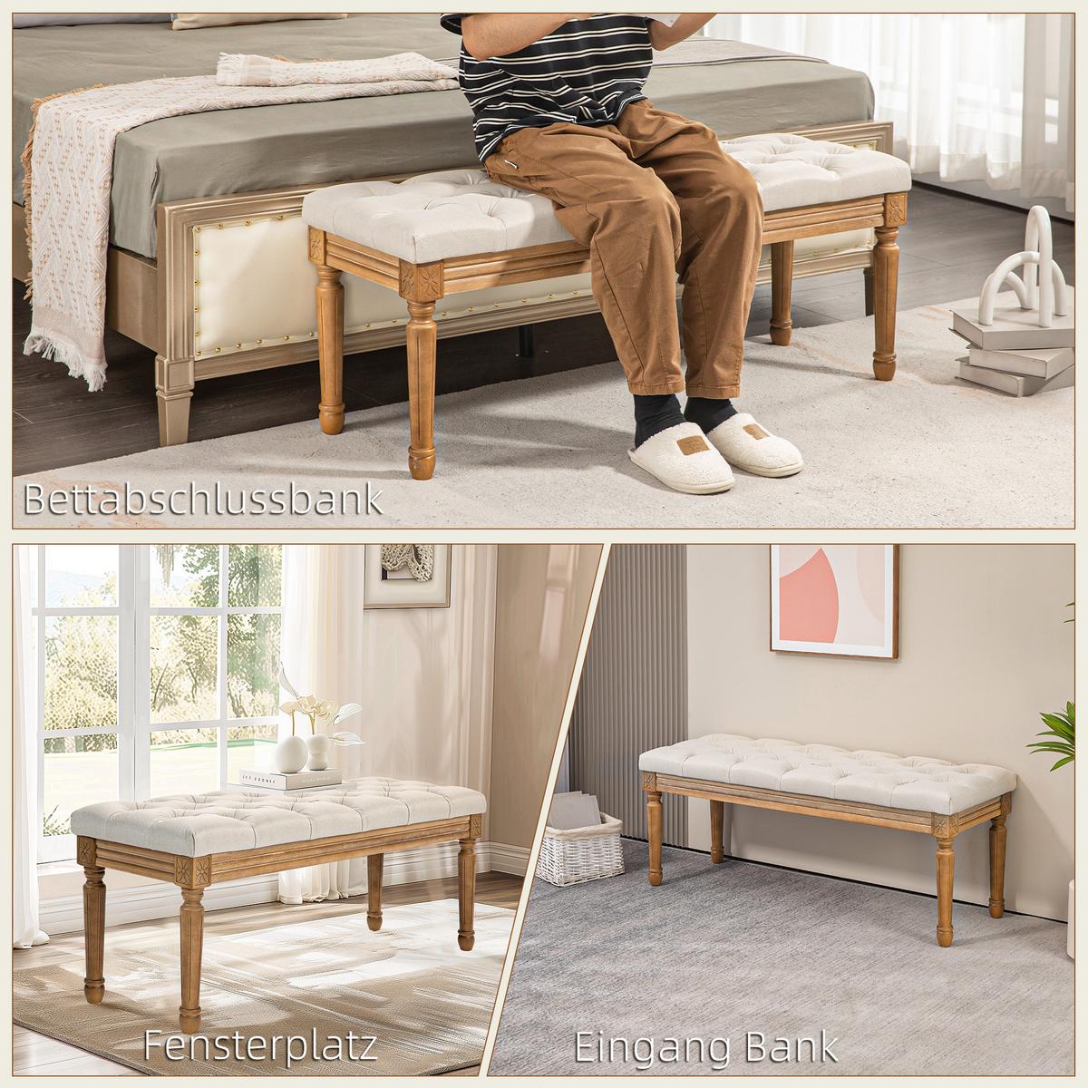 SITZBANK, Polsterbank mit Leinenoptik, Holzbeine für Schlafzimmer, Creme - Eukalyptusholzfarben/Creme, Holz/Kunststoff (41/48/120cm) - HOMCOM