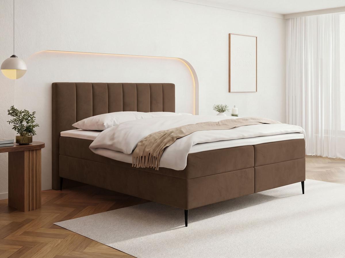 BOXBETT Allen mit Bettkasten, Samt Braun 180x200 cm – inkl. H4 Taschenfederkern Matratze & Foam Topper - Schwarz/Braun, Textil/Metall (180/200cm) - WFL GROUP