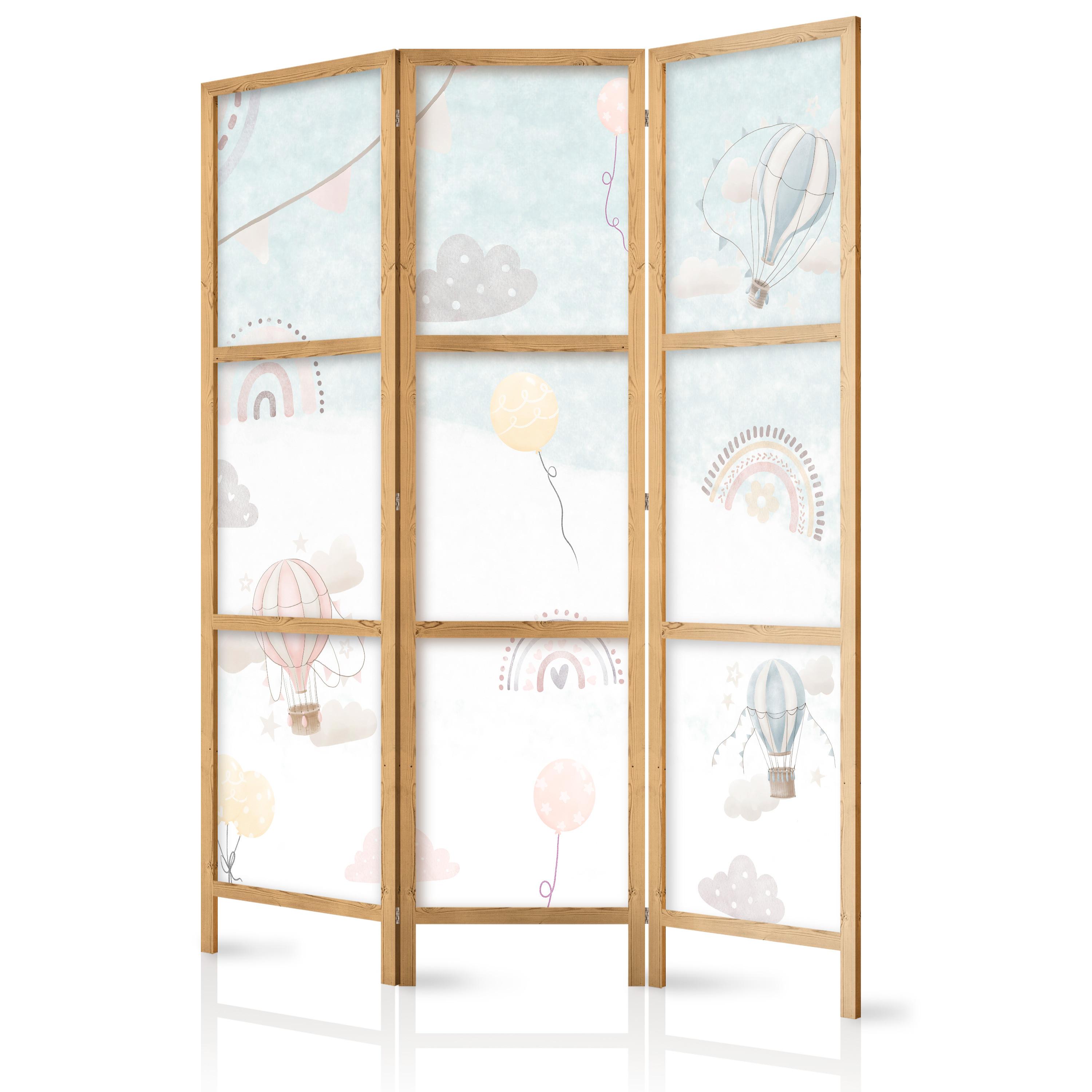 PARAVENT Japanischer 3-tlg 135x172 cm Ballons und Wolken - Weiß, Holz/Textil (135/172/3cm) - Muralo