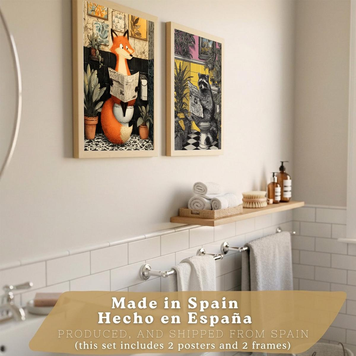 POSTER 2er-Set dekorative Badezimmer-Kunstdrucke, künstlerische für Wand, Toilette mit Tieren auf der Toilette, Vintage Leichter Holzrahmen A3 - Beige, Papier (42/29.7/3cm) - Nacnic