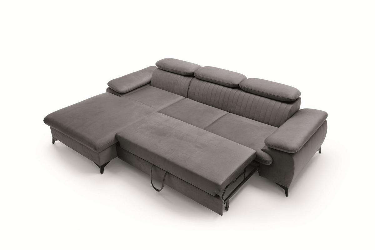 ECKSOFA FIORE Grau Velours-Stoff mit Schlaffunktion - Grau, Holz (275/221cm) - MASSENO