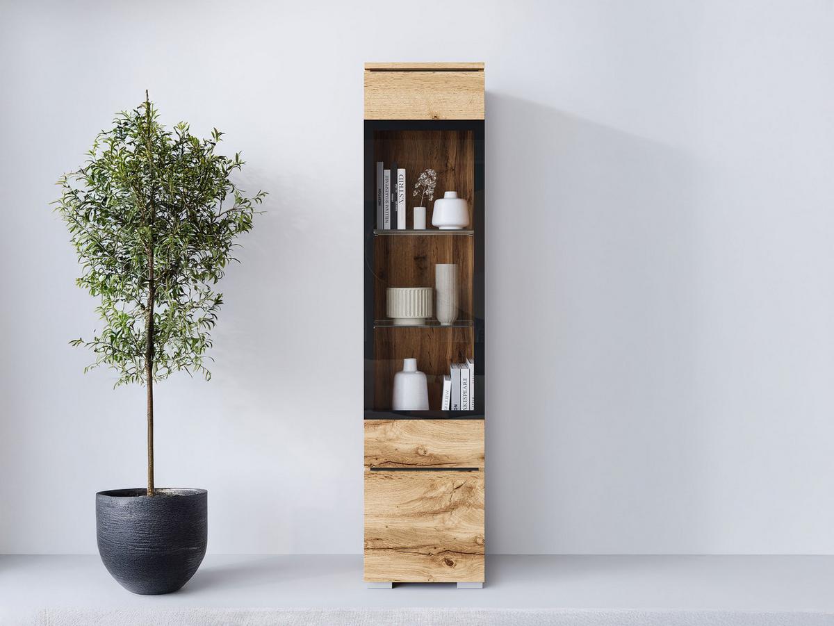 HÄNGEVITRINE Vera 002 mit LED Beleuchtung - Eiche Wotan/Alufarben, Holzwerkstoff/Kunststoff (30/130/33cm) - MIRJAN24
